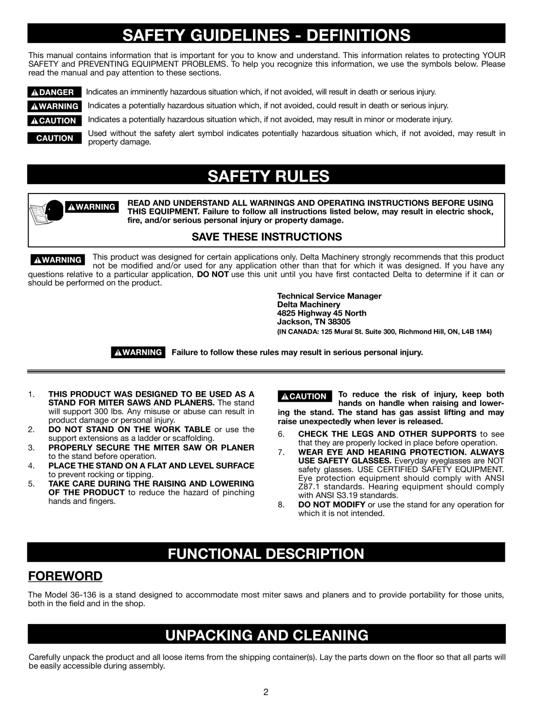 Delta 36-136 instruction manual Safety Rules, Functional Description, Unpacking and Cleaning, Foreword 